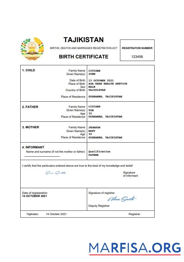 Printable Tajikistan vital record birth certificate Word and PDF template